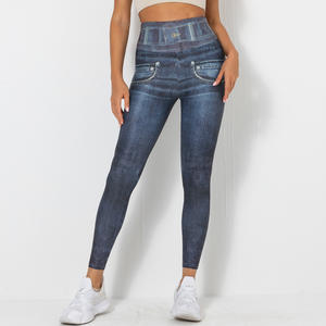 Leggings de sport pour femmes Unreal Jeans, séchage rapide, respirant, <span class=keywords><strong>taille</strong></span> haute, imitation denim, effet push-up, stretch, <span class=keywords><strong>slim</strong></span>, imprimé, jeggings - Product Image 5