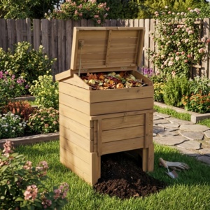 <span class=keywords><strong>Composteur</strong></span> en bois, bac à compost extérieur avec couvercle rabattable et porte coulissante, bac à compost robuste pour les déchets de jardin - Product Image 1