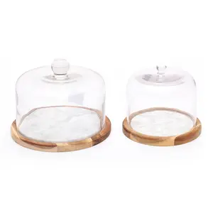 Wholesale Royal Style Acacia Wooden <strong>Marble</strong> Cheese <strong>Cake</strong> Dessert Plate <strong>Stand</strong> with Glass Dome - Product Image 1