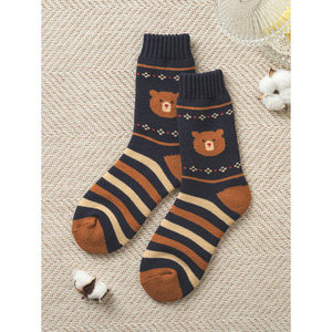 Calzini da notte in pile di carattere blu scuro e leggero e soffice al ginocchio stampati personalizzati in Spandex traspirante lavorato a maglia - Product Image 1