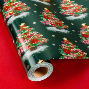 Papel de Regalo Navideño Burymento, 17 Pulgadas x 32.8 Pies, Doble Cara, Diseño de Árbol Verde y Lazo Rojo, para Envolver Regalos - Product Image 1