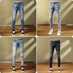 Vente en gros de jeans pour hommes, printemps et été, nouveaux jeans décontractés, polyvalents, pantalons de travail, denim uni, coupe slim, tube droit, élastique - Product Image 3