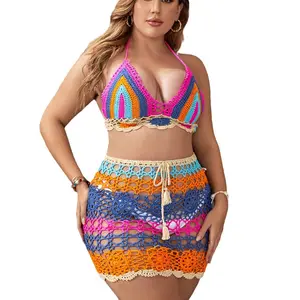 2024 Women Hand Crochet Swimwear Beach Skirt Swimwear Stripe 2Pieces Cover Up Swimsuit Suit Sarong Bikini