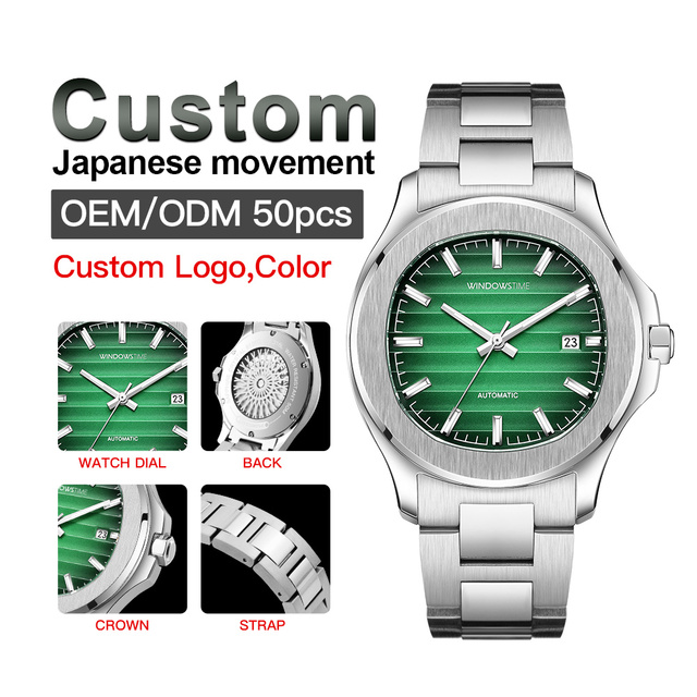 Montre Automatique New Design Elegant Stainless Steel Tourbillon Sapphire Crystal Miyota Movement Power Reserve Green Face