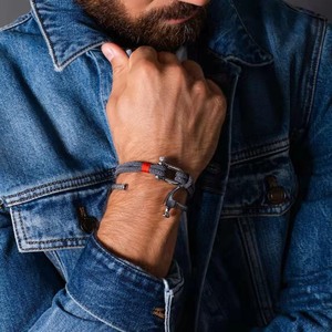 Unisex Hemp <b>Rope</b> <b>Bracelet</b> With Silver Plated Carabiner Clasp Casual Sporty Style Anchor Pattern Blue And Gray Colors - Product Image 2