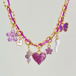 قلادة شهيرة مقاومة للماء بتعليقات يمكن تركيبها بنفسك من الاستانلس ستيل المطلي بالذهب عيار 18 قيراطًا، بتعليقات على شكل زهرة وفلفل وقلب ولؤلؤ - Product Image 2