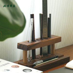 Walnut Wood Pen Holder Rectangle <b>Standing</b> Type Minimalist Office Organizer Desktop Storage Rack <b>Tea</b> Accessory - Product Image 2