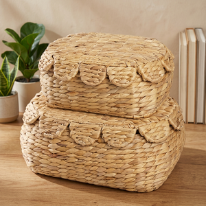 Ensemble de 2 petits paniers de rangement vintage en jacinthe d'eau à bords festonnés avec couvercles, écologiques et multifonctionnels - Product Image 4