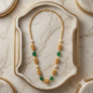 925 Silver Antique Green Stone and Pearl Mala Necklace Traditional Ethnic Long <b>Chain</b> Jewelry for Women Wear - Product Image 3