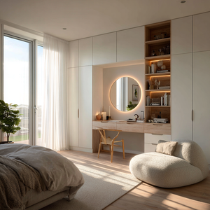 Sistema de Armario Integrado Escandinavo VSME con Tocador Incorporado, Puerta de MDF con LED, Mueble de Dormitorio Independiente para Hotel - Product Image 1