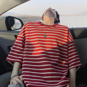 T-shirt court rayé de style américain pour hommes, perlé, écologique, été, nouveau, tendance, marque rétro, col ample, sans manches, pour jeunes - Product Image 4