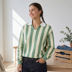 เสื้อไหมพรมแขนยาวลายทางสำหรับผู้หญิง ยี่ห้อ ONETEN APPARELS ผลิตจากเส้นไหม/ฝ้ายย้อมสี สำหรับเสื้อเชิ้ต สีเขียวเบจ สไตล์ลำลอง - Product Image 1