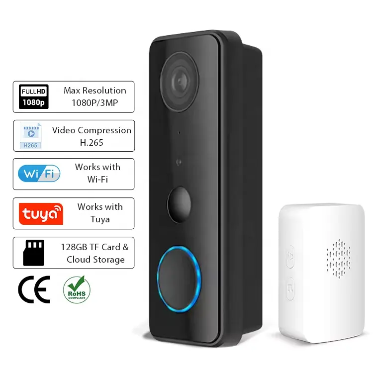 Smartlife App IP65 étanche maison 2 voies vidéo sans fil sonnette de porte Rechargeable 5G 2.4G WiFi 3MP/1080P Tuya sonnette vidéo intelligente
