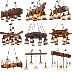 Lustre rustique en bois avec 4 lanternes en verre, suspension LED E27, lumière blanc chaud 2700K, style ferme, plafonnier chocolat, intensité variable - Product Image 2