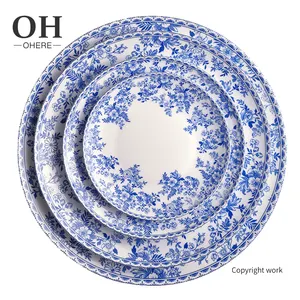 Ohere Country Style Vintage Floral Bone China Dinner Sets Elegant Blue Flower Ceramic Charger Plates For Wedding Decoration