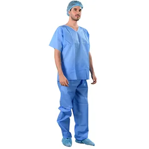 PP/SMS患者礼服套装一次性磨砂套装、睡衣、v领或圆领患者礼服