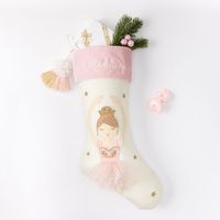 Chaussettes de Noël personnalisées en toile rose, motif maison kaki et blanc, avec revers en toile, idéales comme cadeau