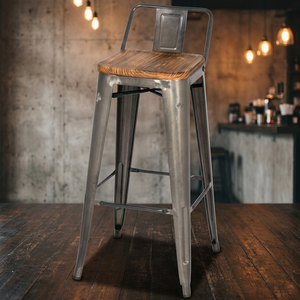 Taburete de Bar Comercial de Hierro y Metal con Diseño Antiguo Industrial Vintage Indio, Asiento de Madera y Cuero de Lujo Nidran Art Export Bar - Product Image 3