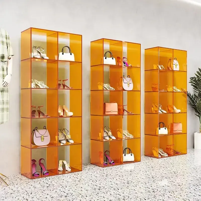 Tùy chỉnh trung tâm mua sắm showroom Acrylic đồ nội thất rõ ràng đầy màu sắc Giày Túi hiển thị lưu trữ Giá tủ đứng