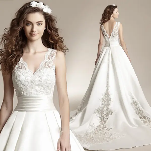 2022 New Deep High Quality Cheap V Neck Fantasy Princess Bride Big Tail Thick Satin Wedding Dress