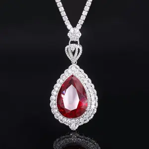 Toderi custom womens fashion fine jewelry 925 sterling silver Big Water drop Ruby Fulled diamond pendant necklace wholesale