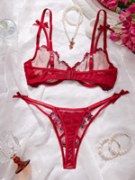 Set Lingerie Jaring Bordir Bunga Mawar Seksi, Bra Berkawat Transparan dan Set Celana Dalam Thong, Set Pakaian Dalam Wanita Merah Berenda OEM ODM