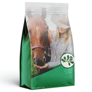 Sacchetto a fondo piatto in plastica laminata con stampa personalizzata di alta qualità per mangimi per animali confezione per alimenti per animali domestici borsa per cereali per cavalli