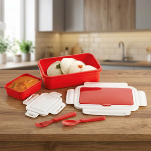 Boîte à lunch fraîche, boîte à lunch rectangulaire en plastique avec 2 compartiments, anti-fuite, conteneur alimentaire portable, empilable, rouge et blanc - Product Image 3