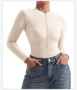 Combinaisons pour femmes I-0296, sexy, côtelées, une pièce, fermeture éclair sur le devant, manches longues, combinaisons, couleur unie, extensible, bas de chemise - Product Image 4