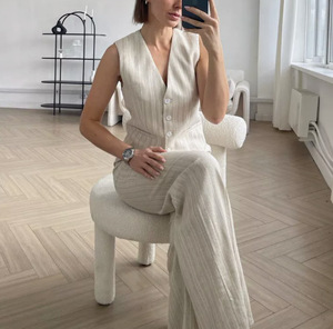 Gilet Enyami <span class=keywords><strong>pantaloni</strong></span> Casual in due pezzi da <span class=keywords><strong>donna</strong></span> a righe <span class=keywords><strong>Beige</strong></span> alla moda senza maniche gilet a vita bassa Set di <span class=keywords><strong>pantaloni</strong></span> - Product Image 2
