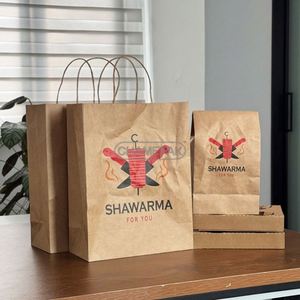 Bolsa de Papel Kraft Marrón para Comida para Llevar, Personalizada con Logotipo, Ecológica, Reciclable, Impresa, para Pizza, Kebab, Deli, Shawarma, con Asa - Product Image 1