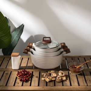 Casserole/Marmite/Marmite à soupe en pierre médicale coréenne de qualité alimentaire, antiadhésive, avec <span class=keywords><strong>couvercle</strong></span> et poignées en bois à double anse, 20/28/32 cm - Product Image 1