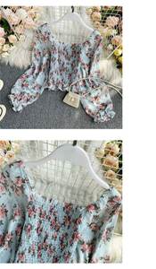 Kadınlar çiçek gömlek dantel up fırfır seksi kapalı omuz üst Blusas pileli streç ince bel kısa mahsul üst bluz - Product Image 5