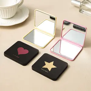 Logo personnalisé noir portable en plastique beauté grossissant maquillage de voyage mignon miroir compact sac à main mini miroir miroir de poche pliant