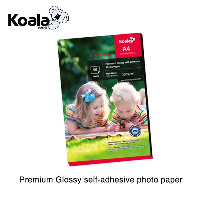 Koala 135g impermeable de inyección de tinta brillante autoadhesivo pegamento de agua papel fotográfico A4 * 50 hojas