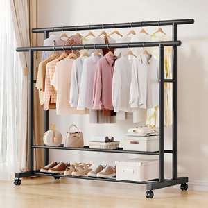 OEM可動ダブルロッド金属コートラックロック可能ホイール付きラストプルーフ厚手寝室収納棚靴服用 - Product Image 2