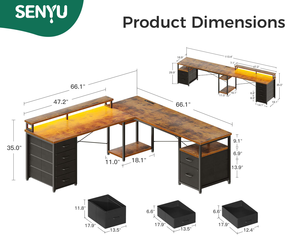 Bureau d'ordinateur en forme de L avec tiroirs et étagères de rangement, surface en bois, structure en métal, table d'écriture pour le bureau à domicile - Product Image 2