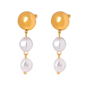 Elegant Fashion Jewelry Earrings Stainless Steel 18K Gold Plated Double Shell Pearls Drop Earrings For Women