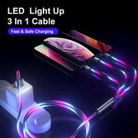 Câble USB 3-en-1 OEM avec conducteur en cuivre pur, lumière LED fluide, charge rapide pour téléphones portables, ordinateurs et utilisation multifonctionnelle
