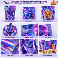 Sachet Mylar holographique personnalisé pour Halloween, anti-odeur, effet laser arc-en-ciel, pour bonbons gélifiés 3,5g, pochette à fermeture éclair verticale, sans frais de plaque