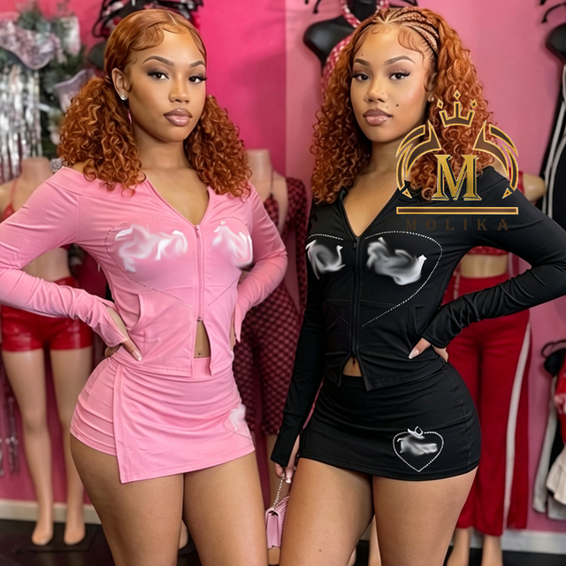 New Spring Women's Skirt Sets Rhinestones Print Crop Top and Mini Skirts Matching 2 Piece Set Sexy Y2k Two Piece Set for Women