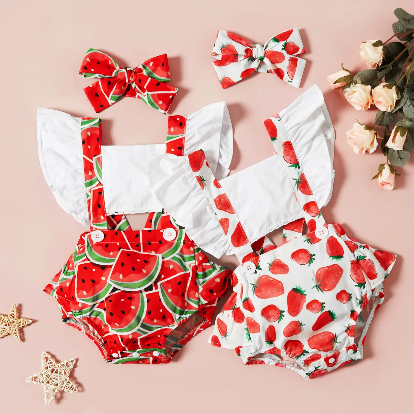 Cute Baby Girls Ruffled Romper+Headaband 2pcs Sets Print Fly Sleeve Romper Fruit Jumpsuit Infant Summer Clothes