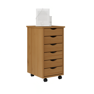 Chariot de rangement en bois de pin massif brun miel 33x15x85cm, armoire à roulettes avec cinq tiroirs, organisation domestique - Product Image 1