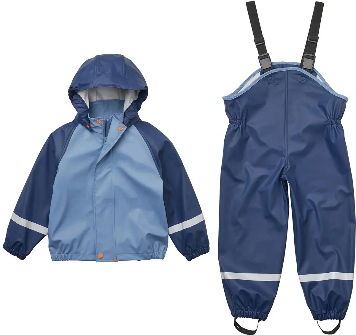 Kids Outdoor Rain Gear Navy Pattern PU Waterproof Hooded Jacket With Suspender Bib Pants Sports Outfit