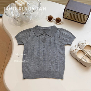 Girls Knitted Short Sleeve Polo Shirt And Pleated Skirt Set Gray Cotton Summer Outfit For Children - Product Image 2
