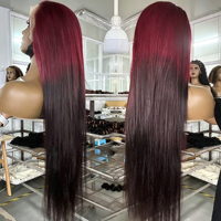 # Perruque longue et droite 99J Ombre Rouge Bourgogne, Perruques Lace Front HD Transparentes 13x6 en Cheveux Humains, Nœuds Pré-Décolorés, pour Femmes Noires