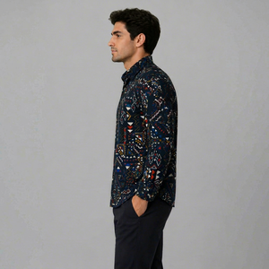 เสื้อเชิ้ตผู้ชายลายวินเทจฤดูร้อน แขนยาว ผ้าทอ ติดกระดุม ปกคอพับ - Product Image 1