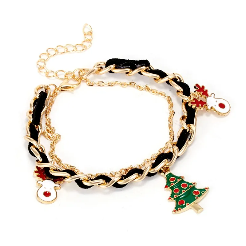 Bracelet double épaisseur en alliage pour femme, chaîne avec pendentif, bonhomme de neige, arbre, elk de noël, cloche lune,