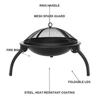 Brasero autoportant pliable 51 cm pour camping extérieur, barbecue, avec grille anti-étincelles en acier thermolaqué résistant à la chaleur, 3 pieds, portable, avec pique-foyer