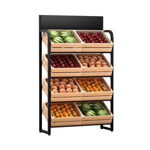 Étagère de présentation robuste à 4 niveaux en fer et bois avec 8 paniers pour fruits et légumes de supermarché, rayonnage commercial pour produits <span class=keywords><strong>frais</strong></span> - Product Image 4